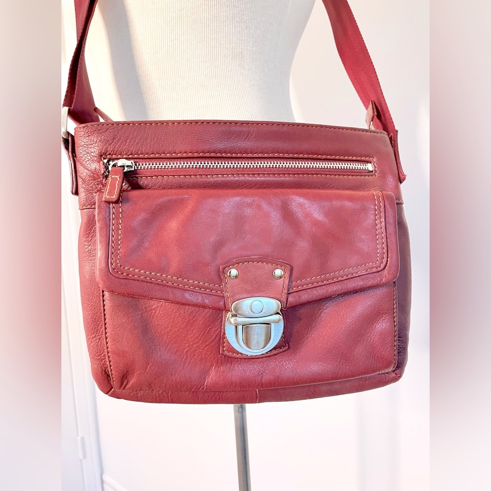 Danier Burgundy Red Leather Crossbody Bag Silver Buckle